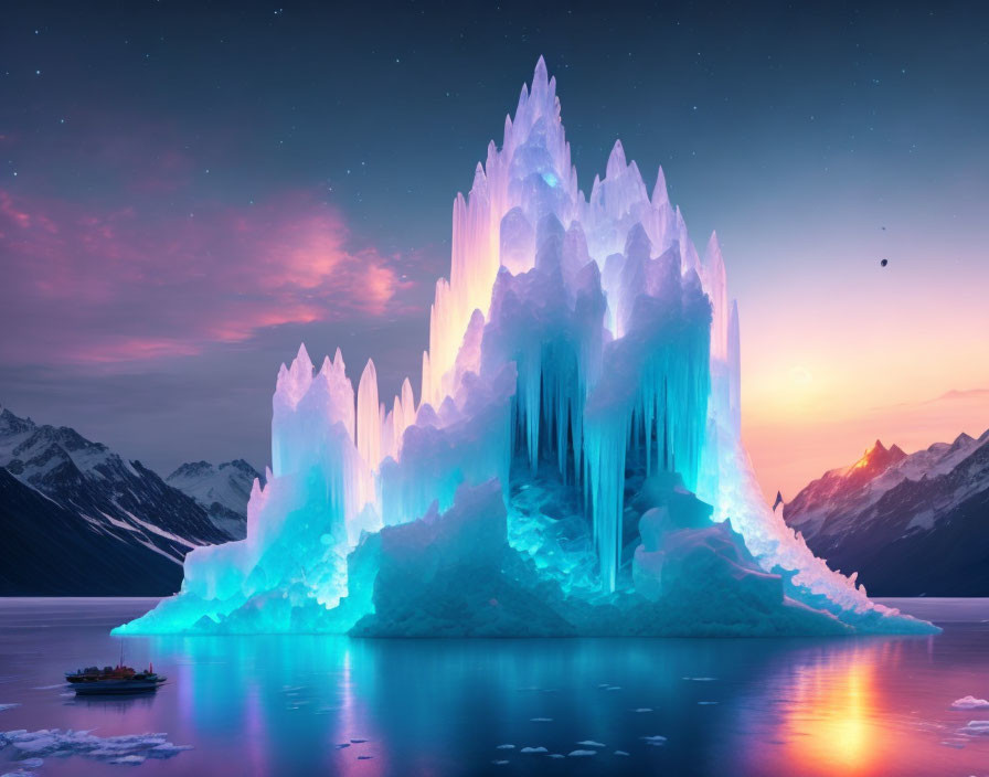 Luminous ice castle on calm sea at twilight with mountains and small boat