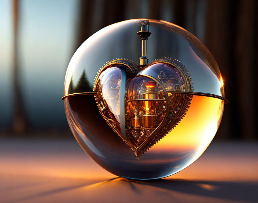 Heart-shaped mechanical object in transparent sphere against forest backdrop at sunset