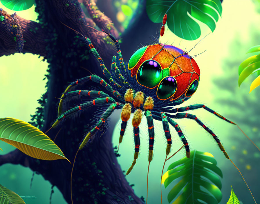 Colorful Stylized Spider on Tree Trunk in Lush Foliage