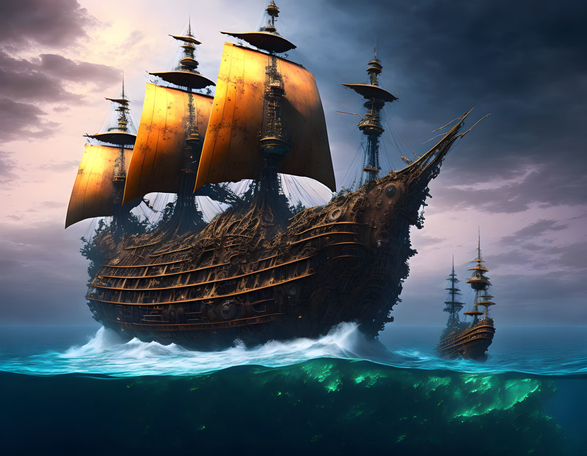 Fantasy-style ships sailing in stormy seascape