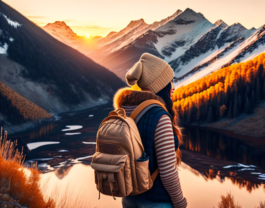 Person in beanie admires sunrise over snowy mountains and river in autumn scene