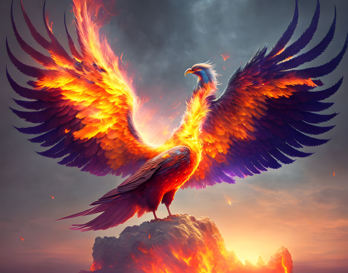 Majestic Phoenix with Fiery Wings on Rocky Outcrop