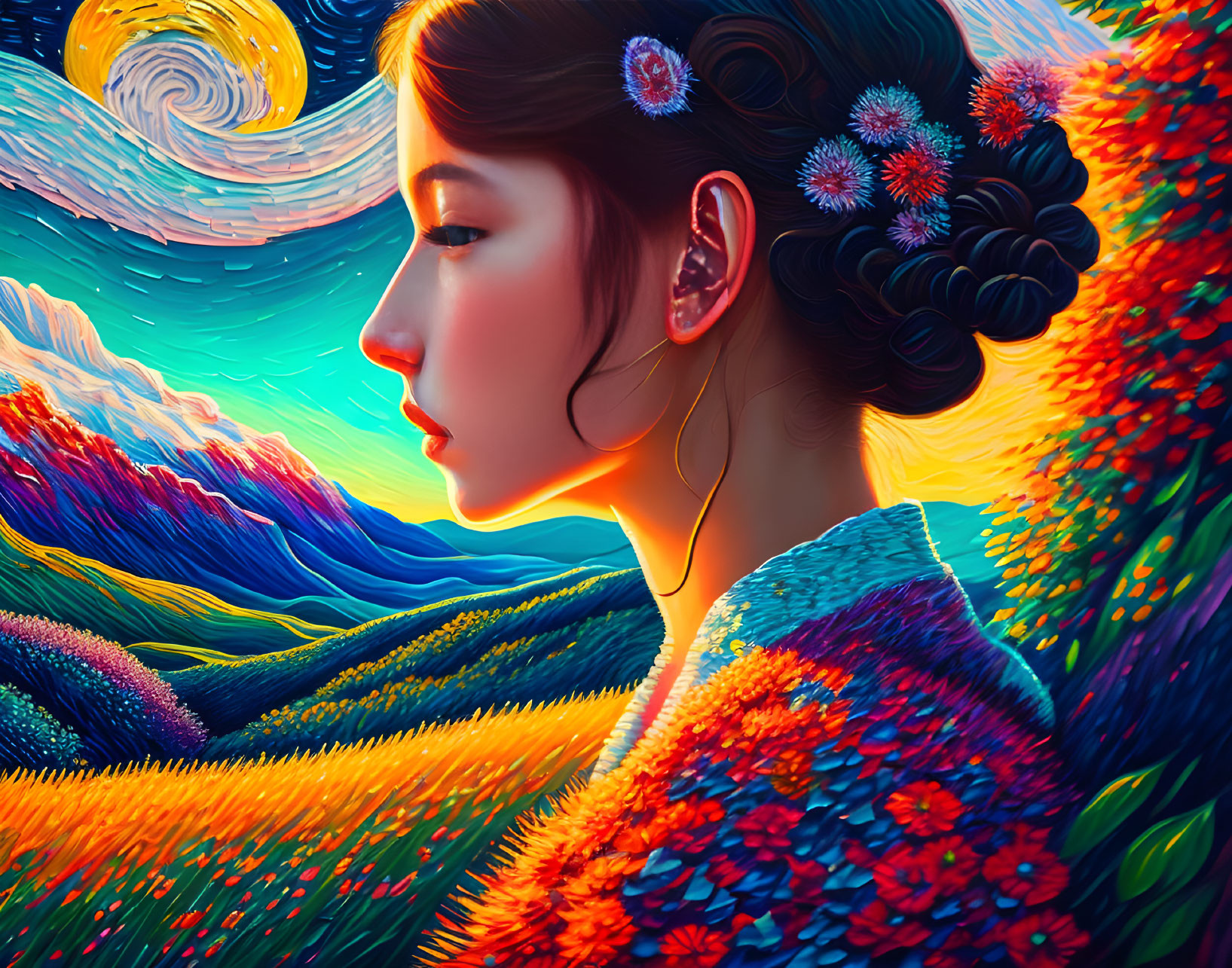 Woman with decorative flowers in hair against swirling landscape reminiscent of Van Gogh.