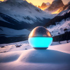 Futuristic Glowing Sphere in Snowy Mountain Sunset