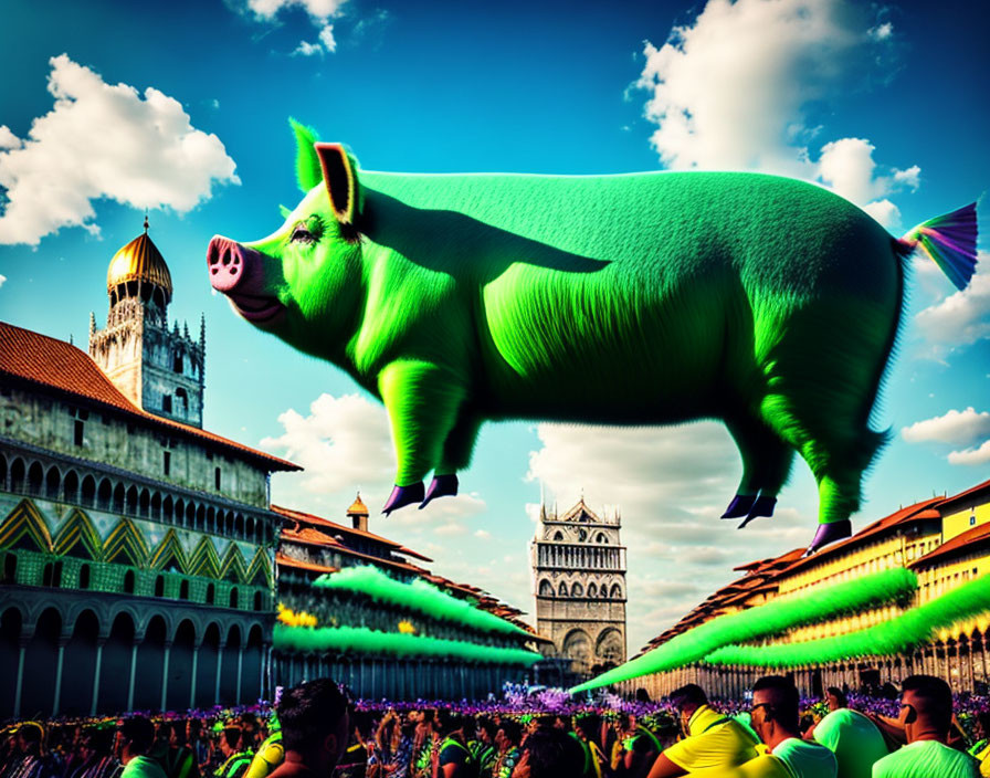 Giant green pig with wings flying over historic square in digitally manipulated image