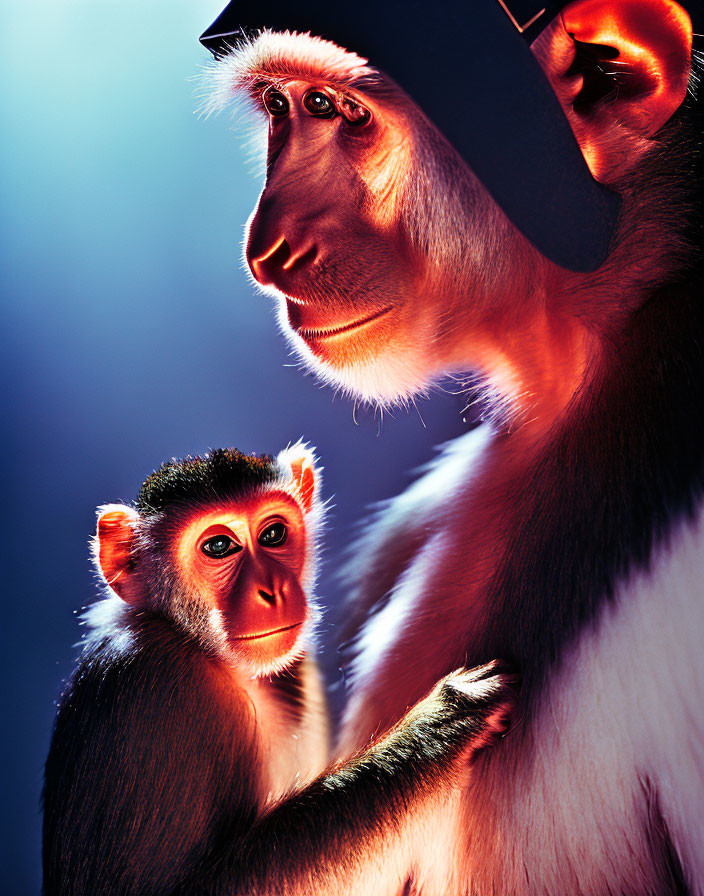 Adult and juvenile macaques under blue and red lights in a dramatic portrait
