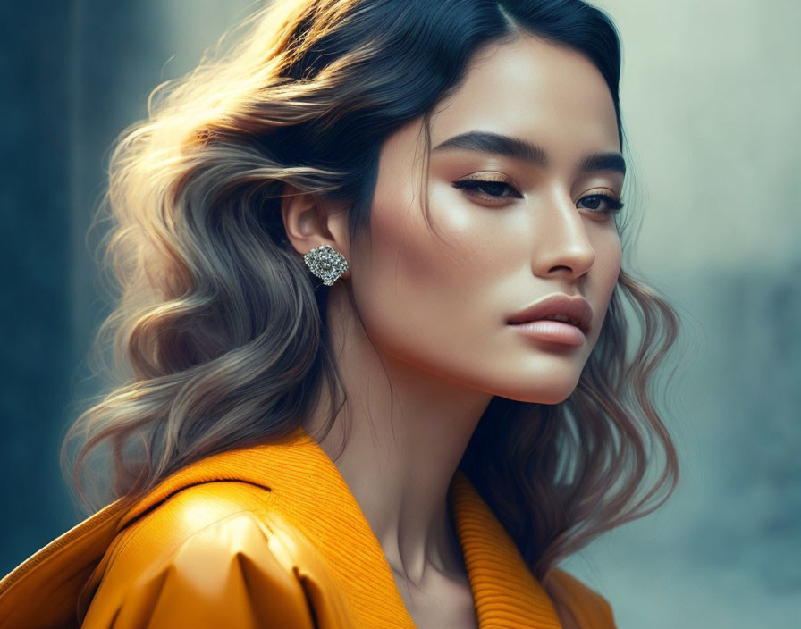 Woman with wavy hair in orange jacket and elegant earring gazes softly.