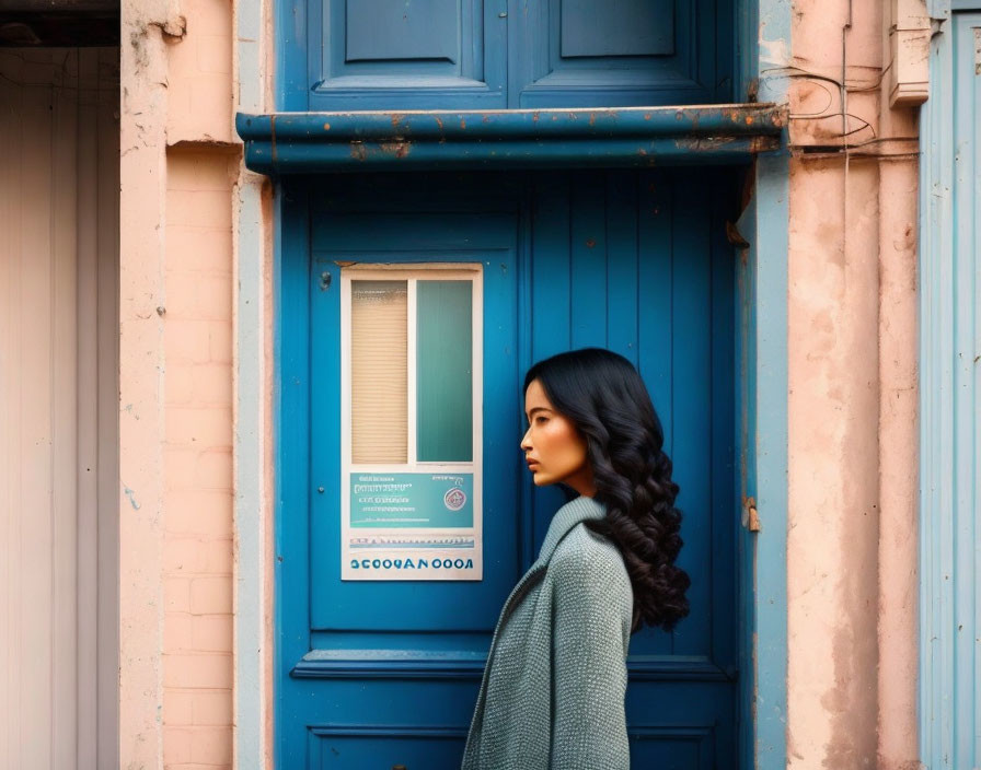 Profile of woman with long dark hair by weathered blue door and pink wall.