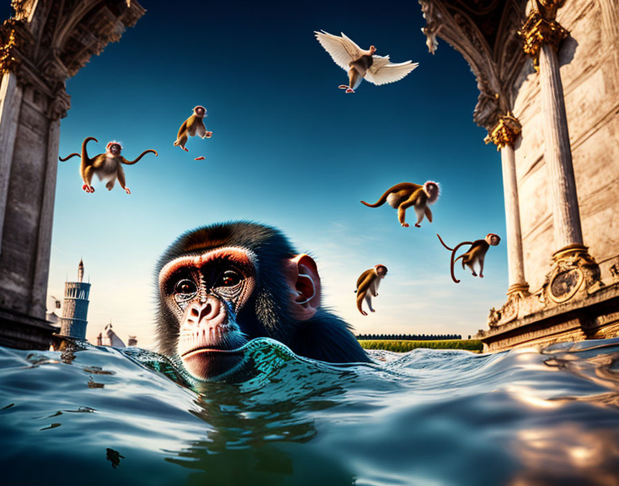 Monkey Swimming in Water with Historical Cityscape and Birds in Blue Sky
