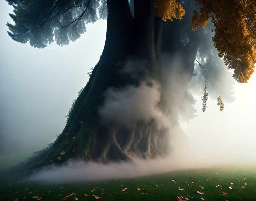 Foggy forest landscape with large tree, exposed roots, autumn leaves, and sunlight filtering through