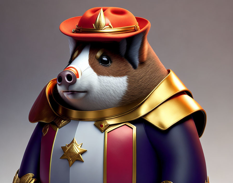 Colorful 3D anthropomorphic badger in military uniform with red cap and medals