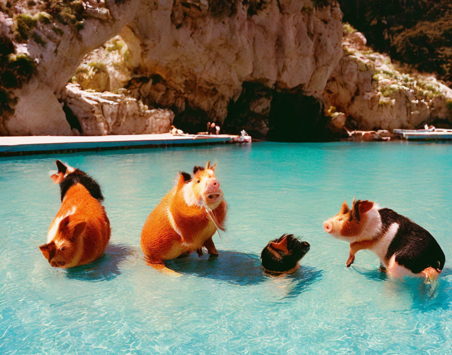 Four pigs of different sizes in blue pool with rocky cliffs and trees