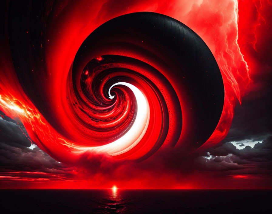 Surreal swirling vortex in fiery red and black tones over ocean