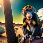 Colorful Monkey with Large Eyes and Ear Tufts on Branch in Desert Landscape