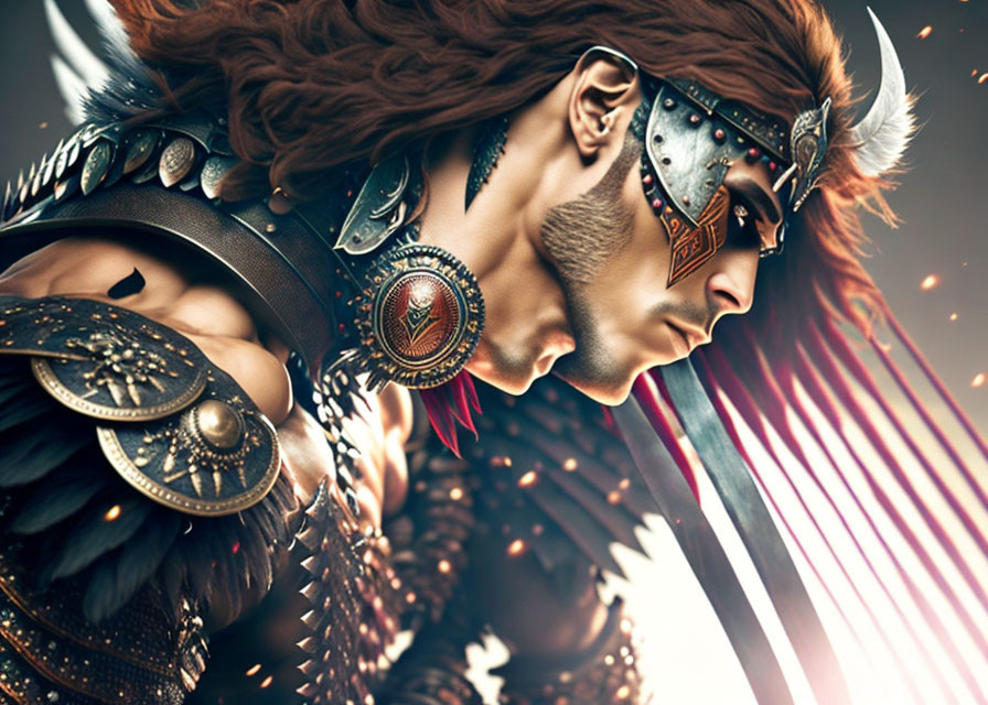 Warrior digital artwork: Profile of armored figure with fur, leather, and metal details.