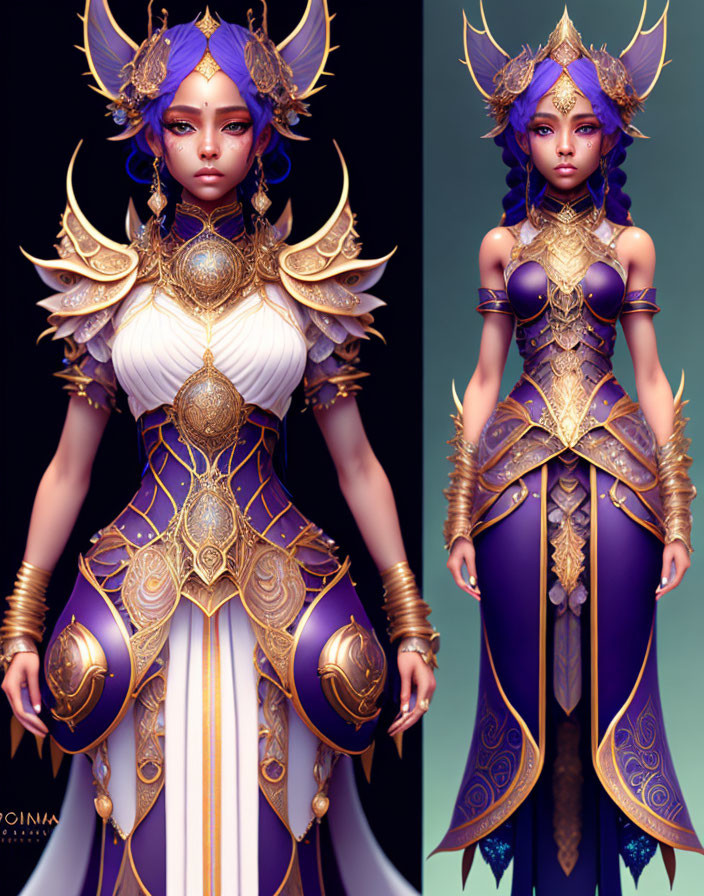 Regal fantasy illustration with golden and purple armor