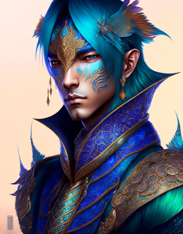 Fantasy character with blue skin and golden facial tattoos in blue and gold armor