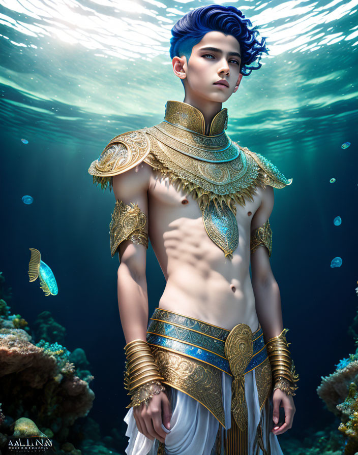 Illustration of person in blue hair and gold armor underwater with marine life.