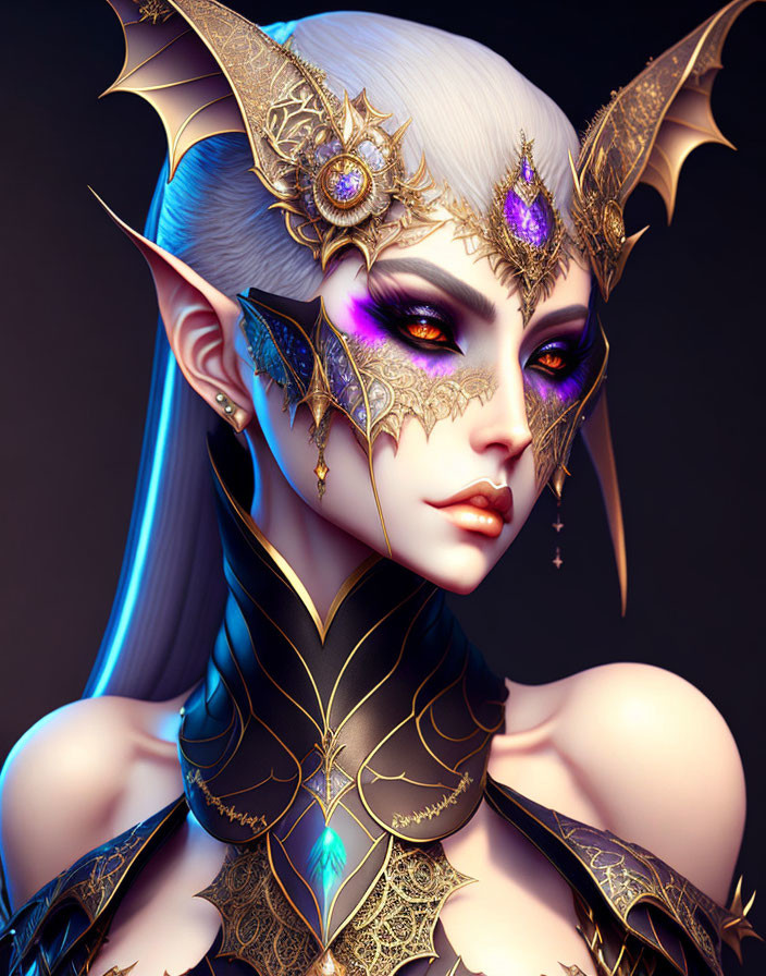 Fantasy Character with Pointed Ears, Purple Eyes, White Hair, and Ornate Golden Head