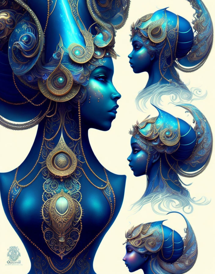 Three Stylized Female Figures with Elaborate Blue and Gold Headpieces