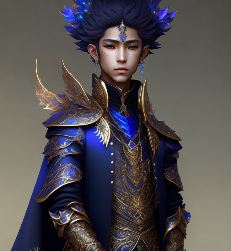 Regal character in gold and blue armor with ornate jewelry