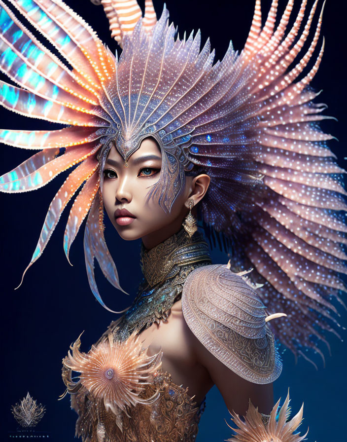 Digital artwork of woman with iridescent headdress and armor on blue background
