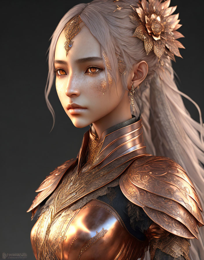 CG portrait of woman in golden armor with elfin features