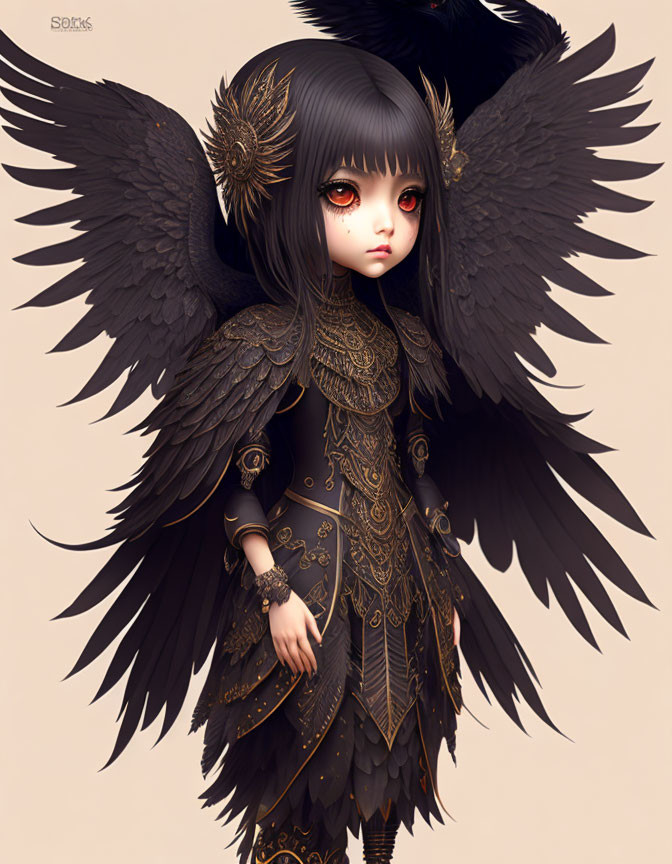 Gothic anime-style character with black wings and ornate attire