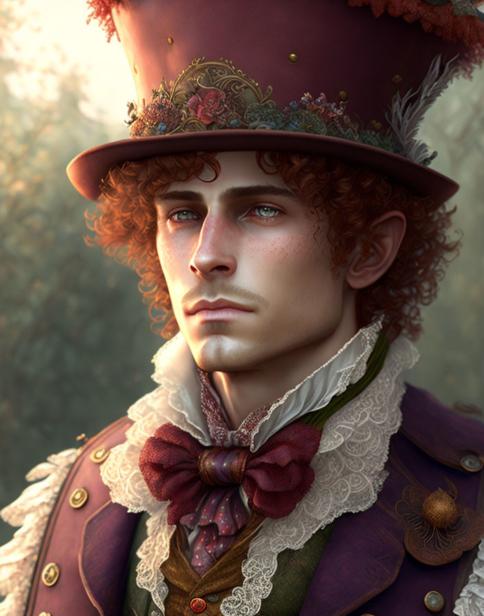 Detailed digital portrait of young man with curly hair in Victorian-inspired outfit