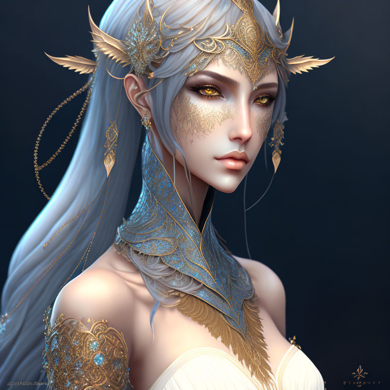 Fantasy female character with white hair, golden headdress, facial tattoos