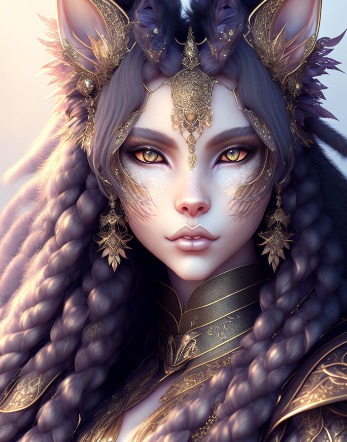 Female character with wolf-like features, gold jewelry, crown, braided hair