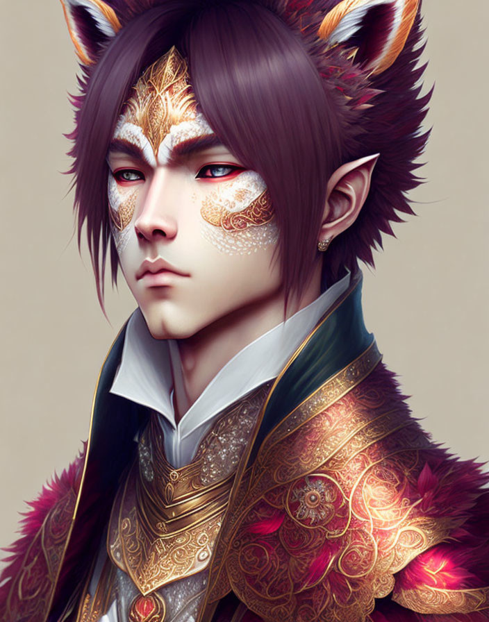 Fantasy character illustration with fox-like features and intricate gold and red armor
