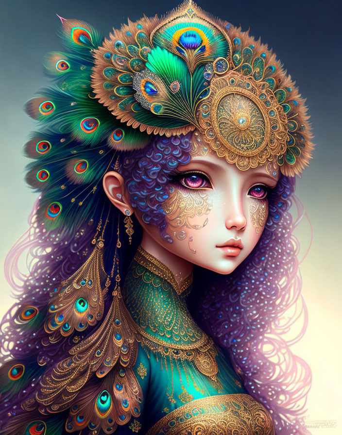 Purple-haired persona with peacock feather headdress and golden jewelry.