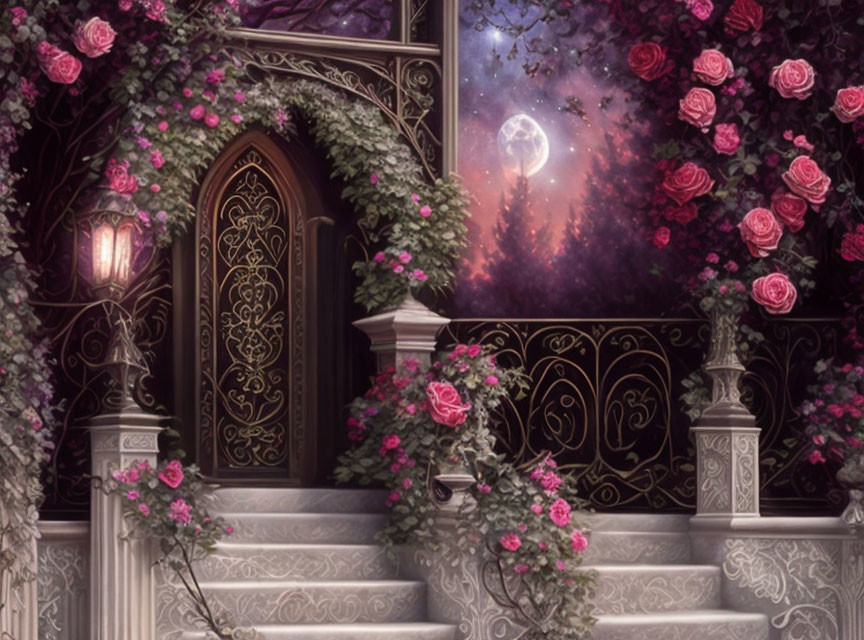 Ornate door framed by pink roses under moonlit sky
