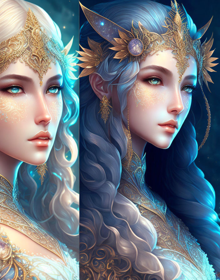 Fantasy female characters with golden headpieces, tattoos, blue hair, and ethereal beauty