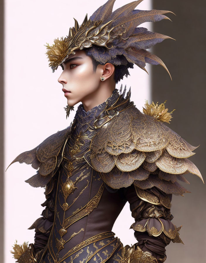 Detailed Golden Dragon Costume with Spiky Headdress and Scale Armor on Beige Background