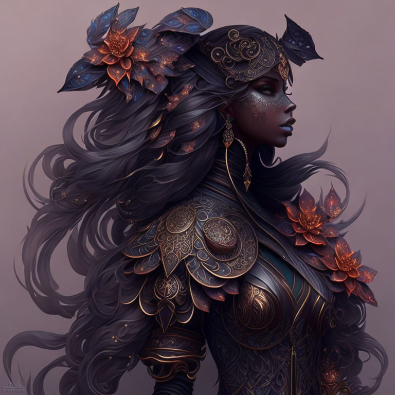 Illustrated female figure in ornate armor with flowing hair and floral accents on muted backdrop