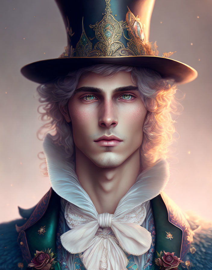 Illustrated character with curly hair, green eyes, top hat, regal jacket, floral details.