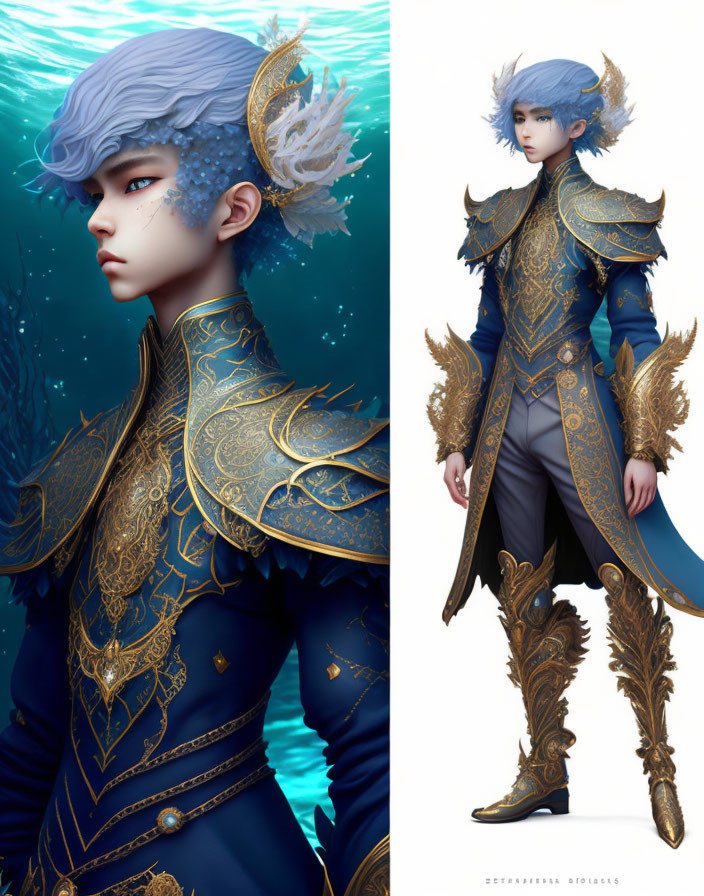 Illustrated character with pale blue hair and horns in ornate blue and gold armor against aquatic backdrop