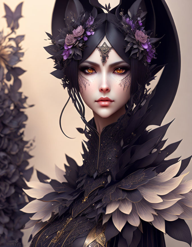Dark feathered attire woman with halo headpiece and floral adornments on neutral background