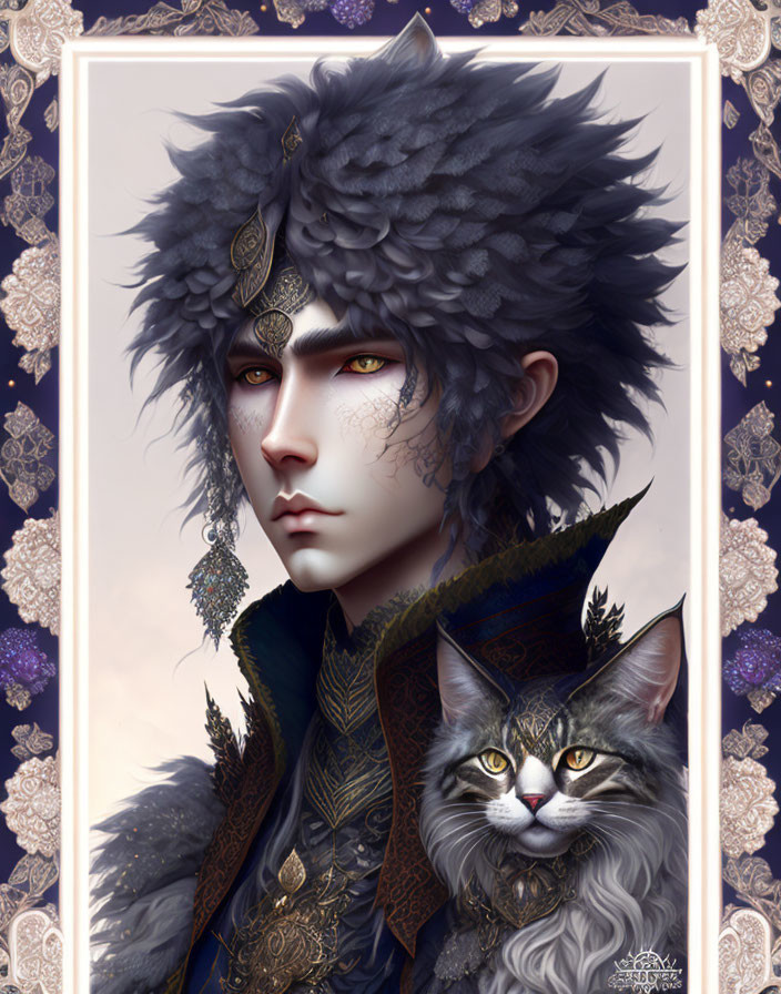 Regal fantasy character with grey feathered cap and ornate outfit alongside realistic cat with golden eye decoration
