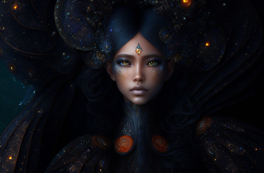 Cosmic-themed female figure with dark blue hair and glowing eyes