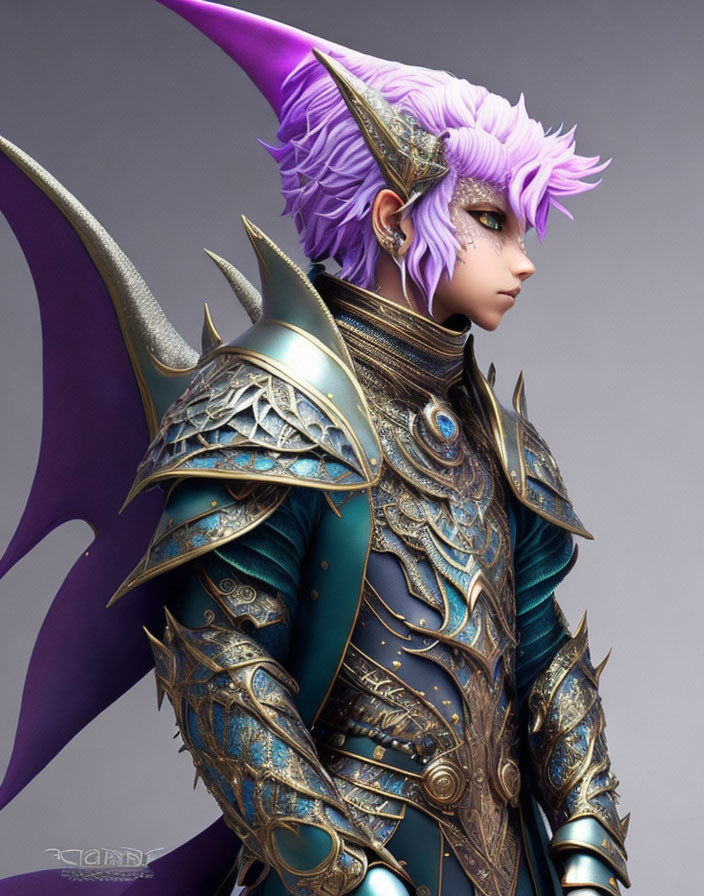 Fantasy character with purple hair, elfin ears, golden armor, and dragon-like wings