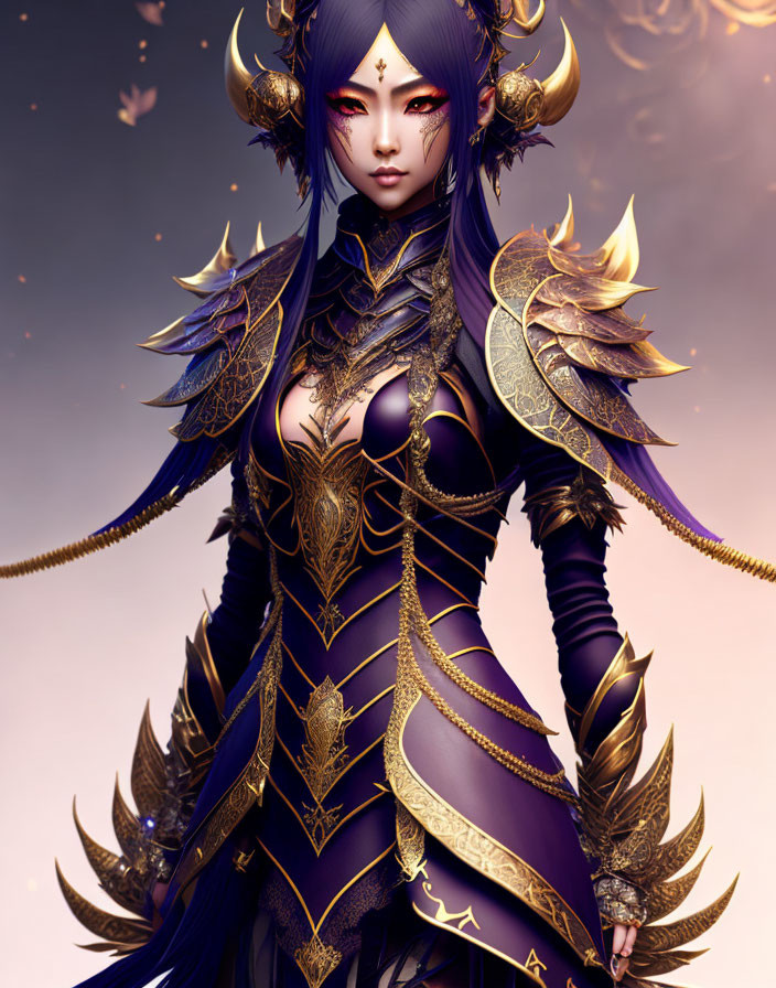 Fantasy digital art: Female character with purple hair, golden crown, dark armor.