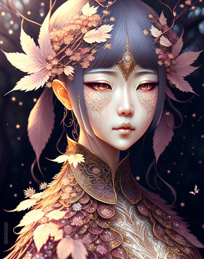 Ethereal female figure with golden headwear and red eyes