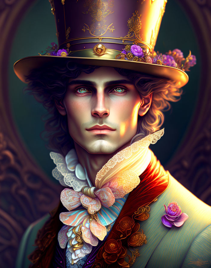 Curly-Haired Man in Flowered Top Hat Portrait with Intense Eyes