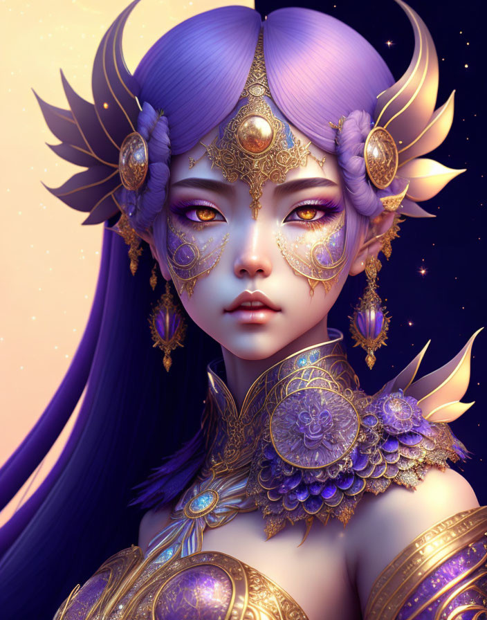 Fantasy figure with purple hair and ornate armor in regal headpiece