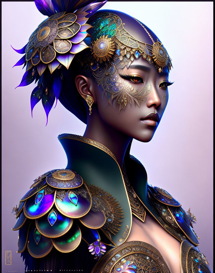 Ornate golden headgear and shoulder armor with peacock feather designs and jewels