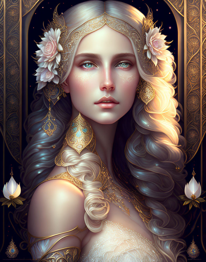 Fantasy woman portrait with long blond hair and blue eyes