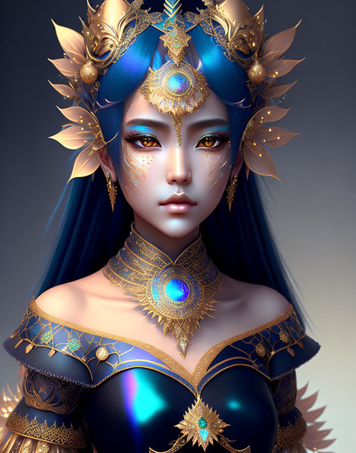 Fantastical digital art of female figure with blue hair and golden armor